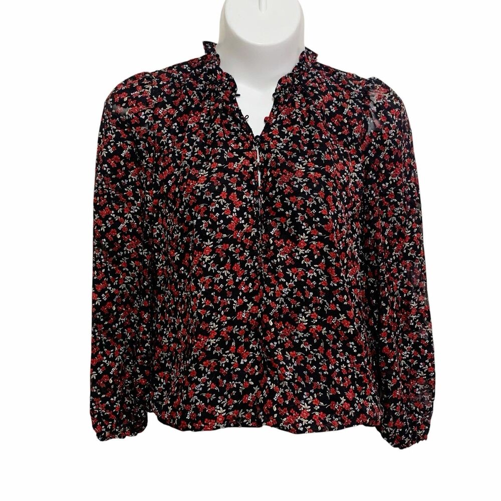 Blousology Blouse Womens Large Black Red Floral Long Sleeve 1/4 Button-Up Ruffle